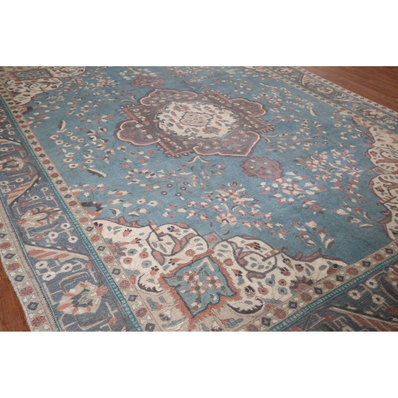 Blue Distressed Tabriz Vintage Persian Area Rug Handmade Wool Carpet - 9'7" x 12'3"