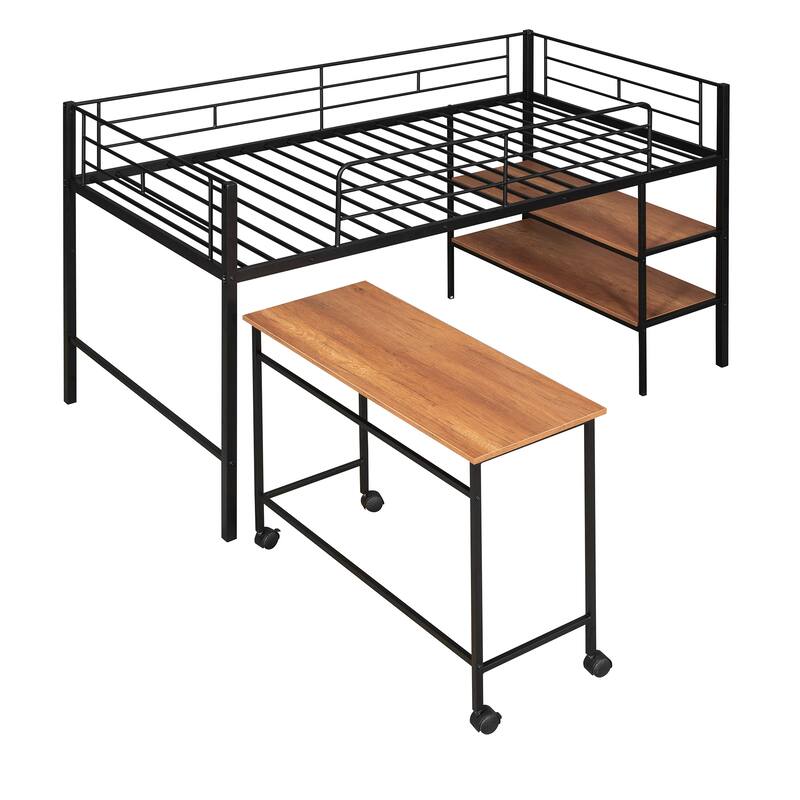 Twin Size Metal Loft Bed with Desk and Shelves in Black