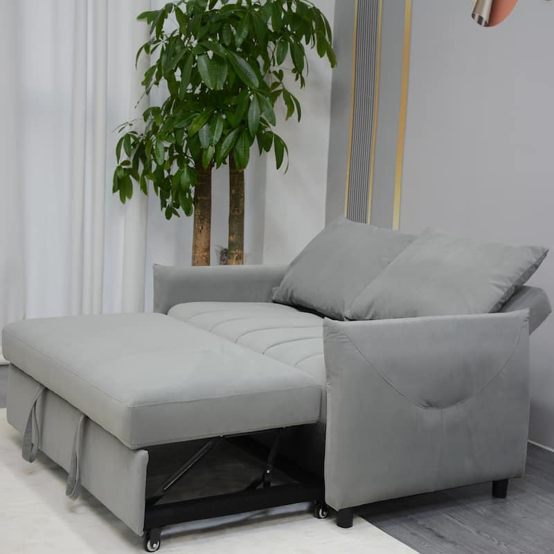 Convertible Sleeper Loveseat Sofa Bed, Adjustable Back, Velvet Fabric, Light Gray