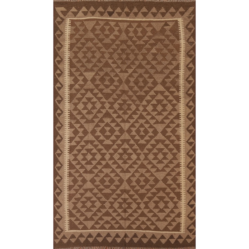 Geometric Brown Kilim Oriental Area Rug Hand-woven Wool Carpet - 5'2" x 8'2"