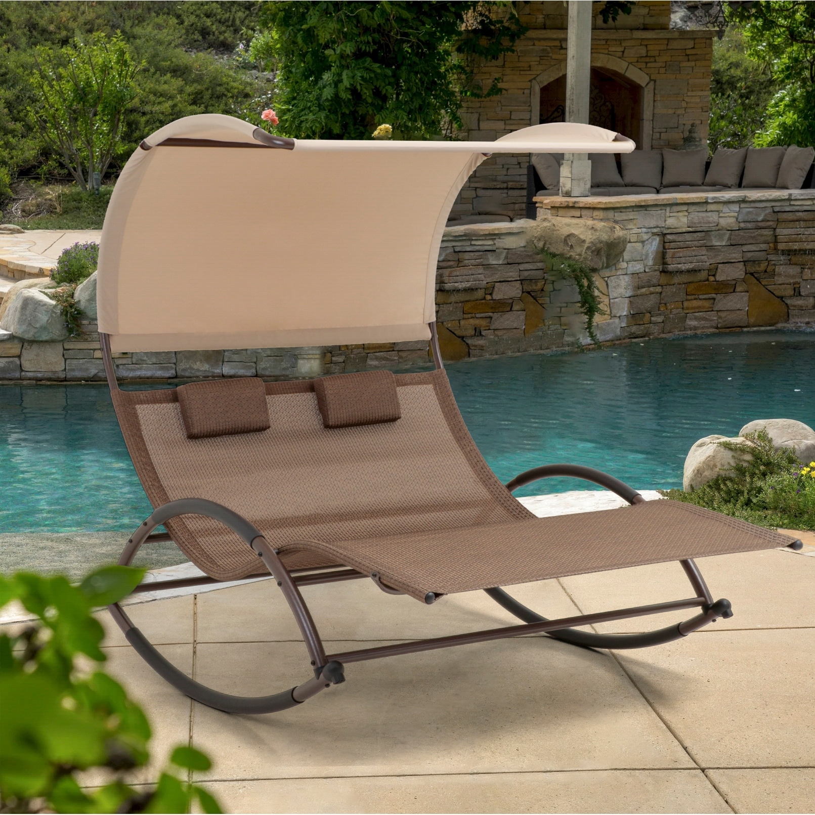 Outdoor Double Chaise Lounge Chair Rocking Bed with Sun Shade