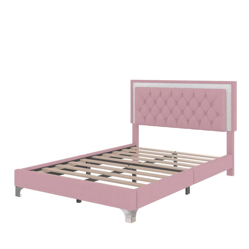 Full Upholstered Bed - LED Tufted Headboard, Velvet Platform, Modern Style