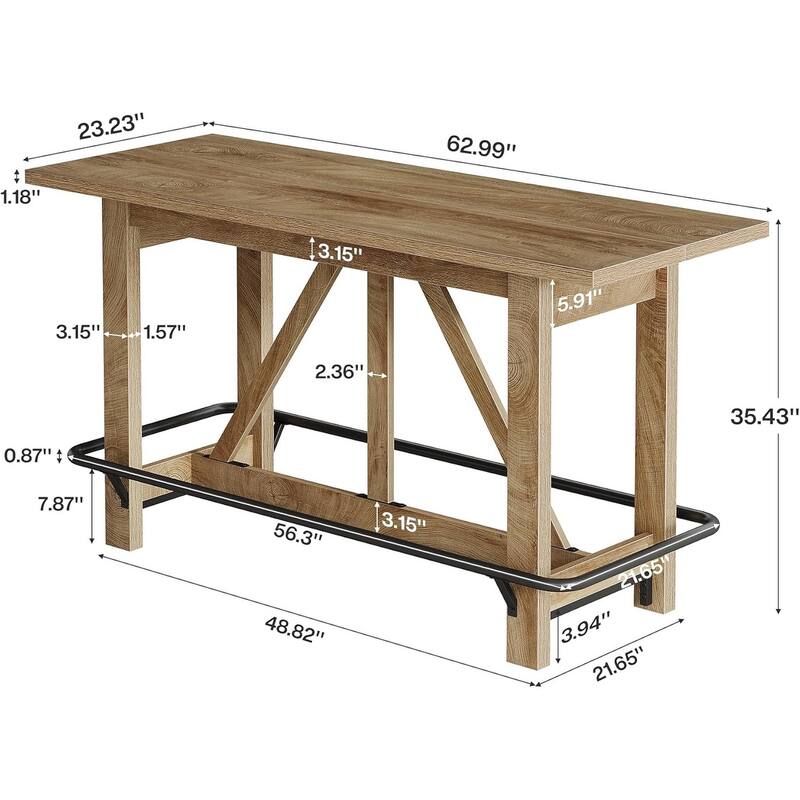 63" Long Bar Table, Farmhouse Counter Height Pub Dining Table with Footrest - 63" L x 23.2" W x 35.4" H