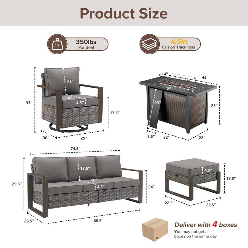 Meyreso Wicker Outdoor Patio Metal Fire Pit Set with Swivel Gliders & 4.5" Olefin Cushions