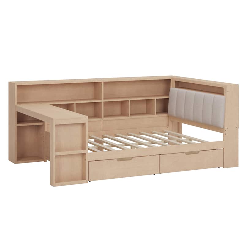 Wood Daybed L-shaped Bookcase Bed with Under-Bed Drawers and Side Bookshelf, Platform Daybed with Desk and Padded Headboard