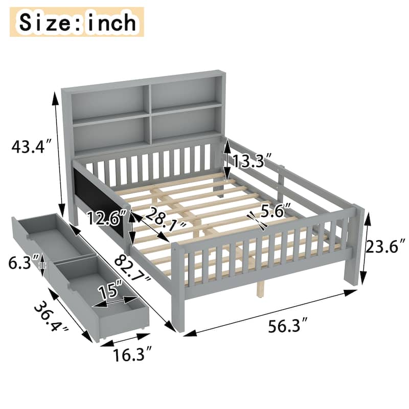 Childlike Fun Solid Wood Low-profile Platform Bed Storage Bed Frame with Side Chalkboard, Open Shelves, Drawers and Guardrails