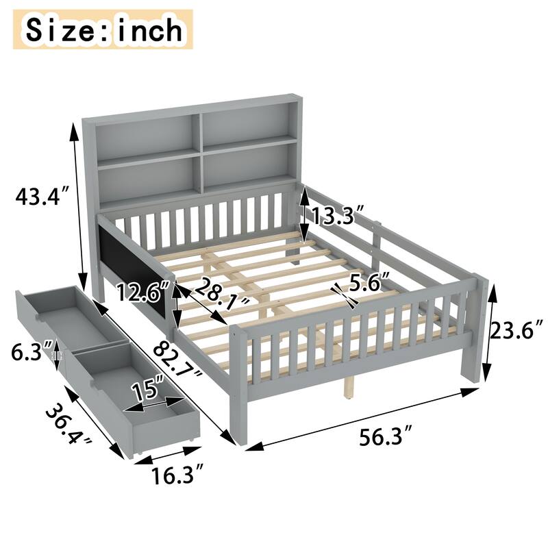 Twin/Full Solid Wood Platform Bed with Chalkboard Headboard, Storage Drawers and Shelves, Space-Saving Kids Bed