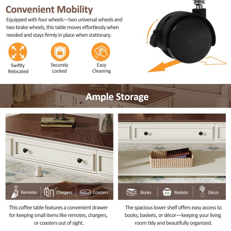 Roomfitters Farmhouse Coffee Table, Retro Wooden Center Table with Drawer, Wheels, and Solid Wood Legs