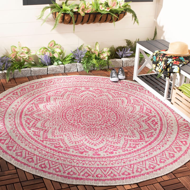 SAFAVIEH Courtyard Fran Mandala Indoor/ Outdoor Waterproof Patio Backyard Rug - 6'7" Round - Light Grey/Fuchsia