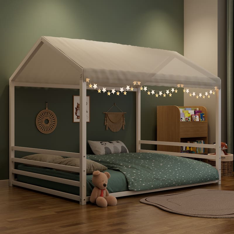 Montessori Style Metal Floor Bed Frame, House Shaped Bed for Kids and Toddlers, No Slats, House Bed - White Horizontal - Full