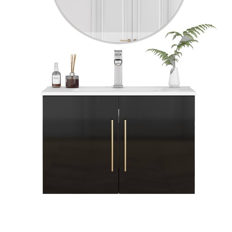30-Inch Gloss Wall-Mounted Bathroom Vanity with Double Doors, Soft-Close Hangers,Long Gold Metal Handle