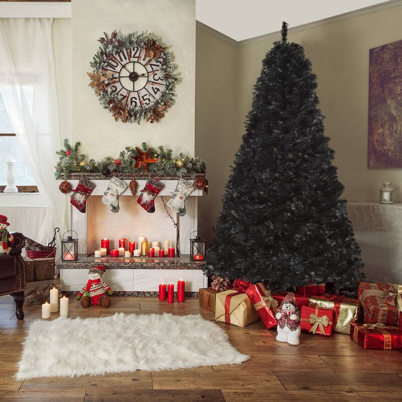 7ft Black Artificial Christmas Tree with Sturdy Metal Base and Realistic Branches