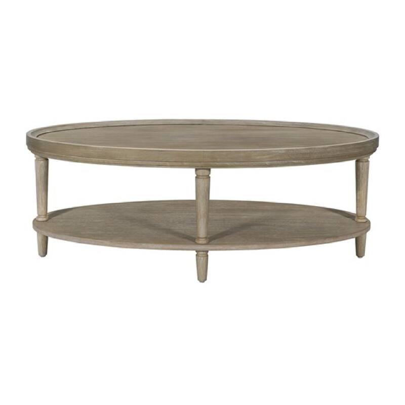 Roomfitters 48-Inch Oval Coffee Table, Martha Stewart Bedford Collection, Reclaimed Greige with Turned Legs and Storage Shelf