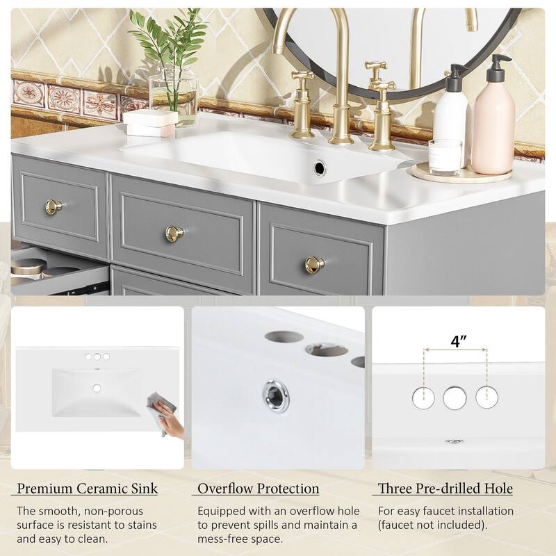 36 Inch Bathroom Vanity with Sink Combo Solid Wood Cabinet 3 Drawers