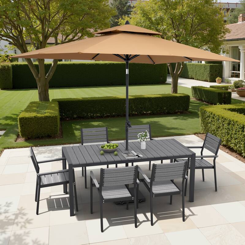 9/11-Piece Patio Dining Set Aluminum Dining Table and Chairs w/10 ft Market Umbrella and Base with Wheels - Set of 9 - Grey Table with Tan Umbrella
