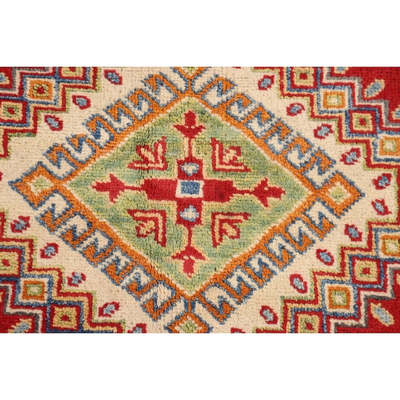 Red Geometric Kazak Oriental Rug Hand-Knotted Traditional Wool Carpet - 4'1" x 5'10"