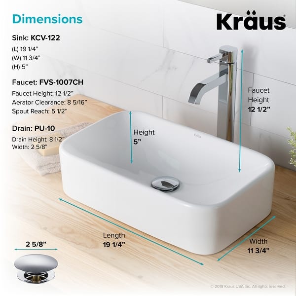 dimension image slide 1 of 3, Kraus 3-in-1 Set White Rectangle Ceramic Sink, Ramus Faucet w/Drain