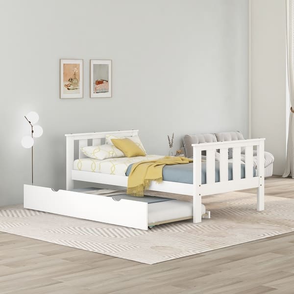 slide 2 of 24, Twin Bed Frame Wood Platform Bed with Pull Out Trundle and Headboard and Footboard White
