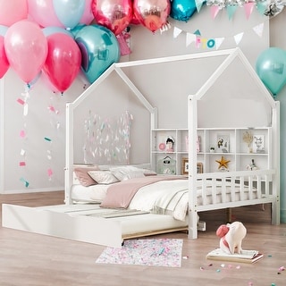 Full Size Wooden House Bed Kids Bed with Trundle and Shelf