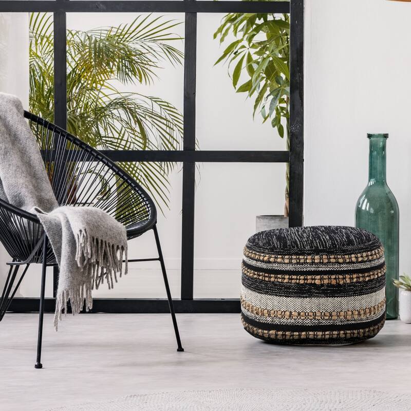 18" Black and White Boho Striped Handcrafted Round Pouf Ottoman