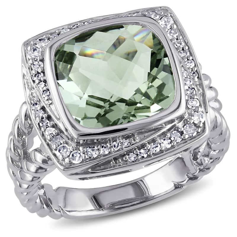 Miadora 4ct TGW Green Quartz 1/4ct TDW Diamond Halo Cocktail Ring in Sterling Silver