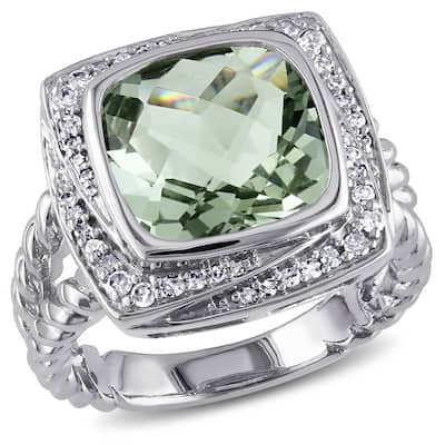 Miadora 4ct TGW Green Quartz 1/4ct TDW Diamond Halo Cocktail Ring in Sterling Silver