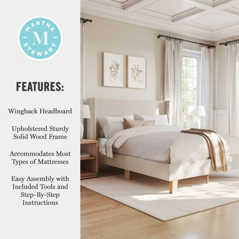 Martha Stewart Upholstered Platform Bed with Wingback Headboard