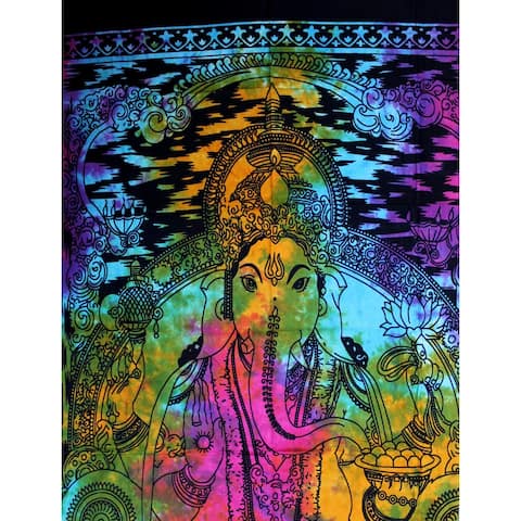 Cotton Ganesh Tie Dye Tapestry Wall Hanging Tablecloth Spread Throw Blue Yellow Pink - 54 x 84 inches