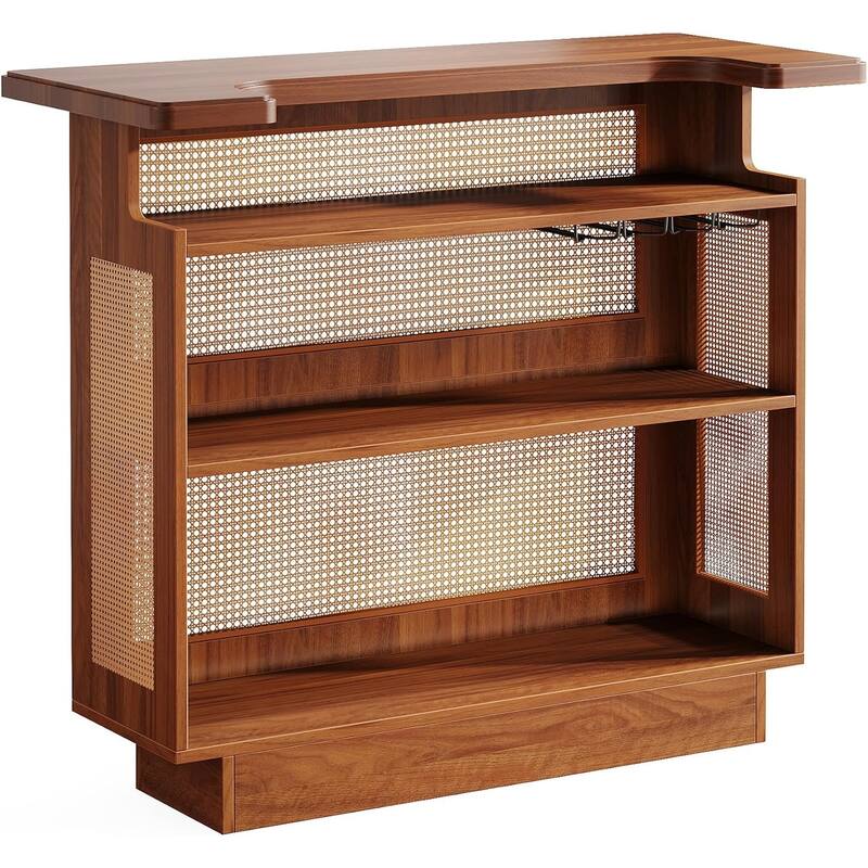 Rattan Home Bar Unit, 4-Tier Bar Table with 4 Stemware Racks and Heightened Base, Liquor Wine Bar Cabinet