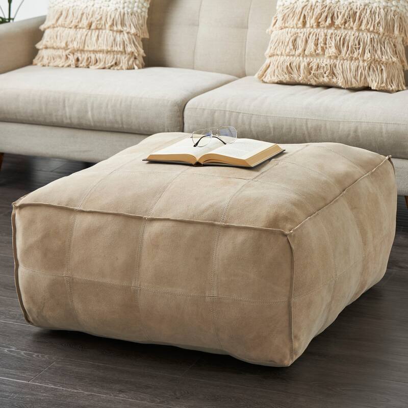 Gray Leather Low Profile Square Pouf with Patchwork Design - Gray - 35"W,19"H