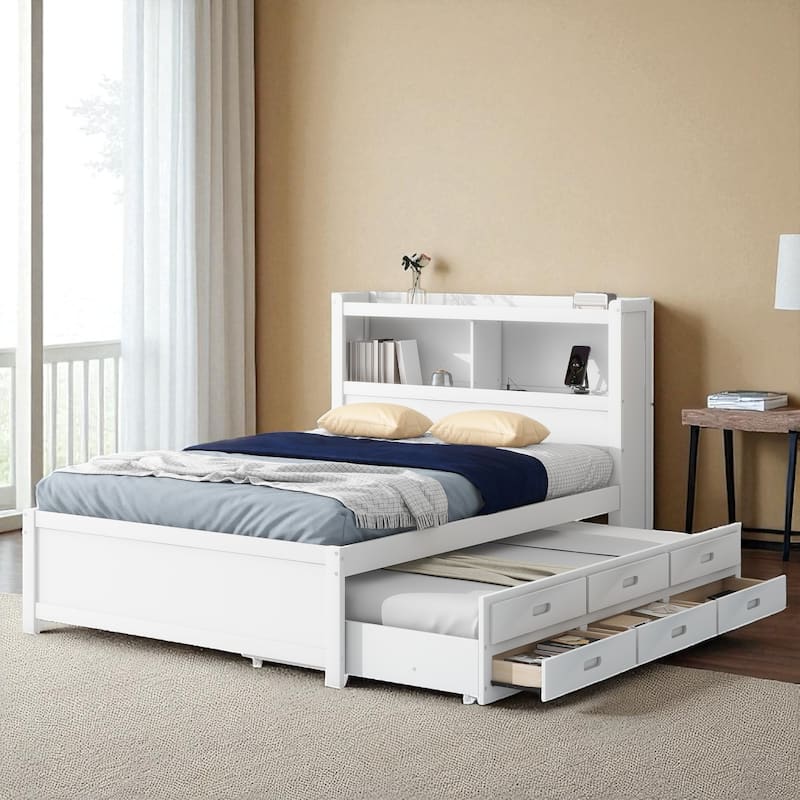 Full Size Platform Bed with Trundle, 3 Drawers, Storage Headboard & USB Charging Ports