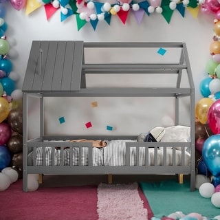 Full Size Wood House Bed With Fence and Solid Construction For Bedroom