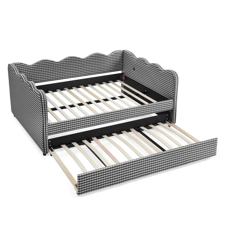 Full Size Gingham Daybed with Twin Trundle, USB Port, Wave Shaped Design & Linen Fabric - No Box Spring Needed
