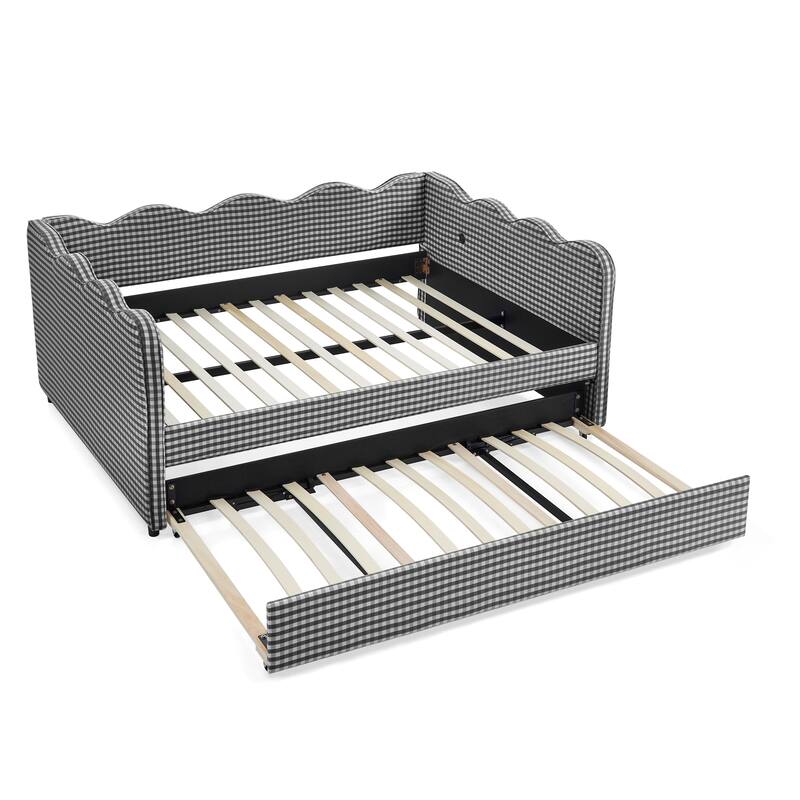Upholstery Daybed Full Size Sofa Bed with Twin Size Trundle and Charging Ports, Linen Fabric Plaid Pattern and Wavy Silhouette