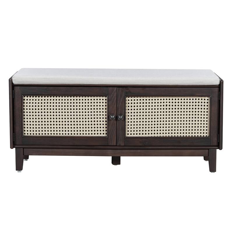 Boho Rattan Entryway Storage Bench with Double Doors