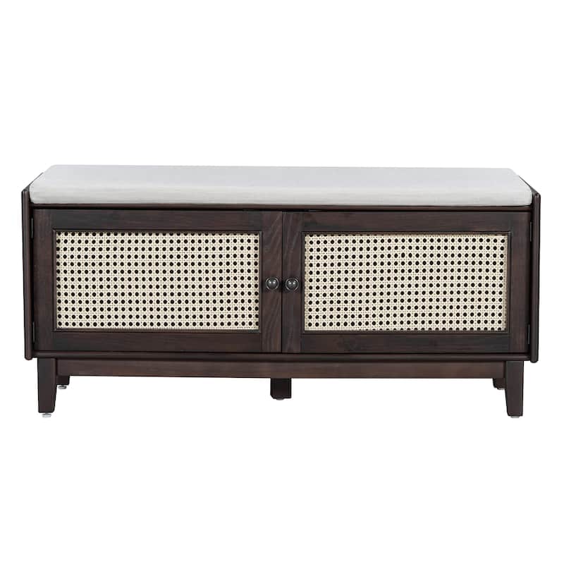 Rattan Entryway Bench with Storage, Cushioned Shoe Bench with Double Doors, Wooden Shoe Organizer Bench for Entryway