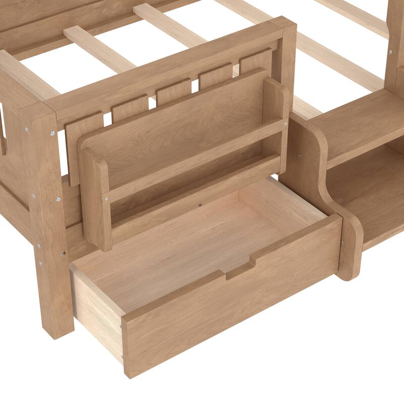 Full/Twin Loft Bed with Storage Drawers, Safety Staircase & Rails