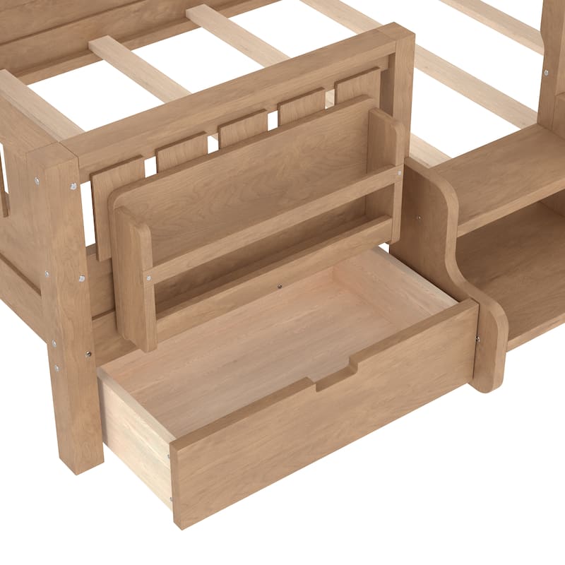 Multiple Colors Toddler Montessori Bed Children's Platform Bed with Low Profile Stairs, Built-in Bookshelf and Storage Drawers