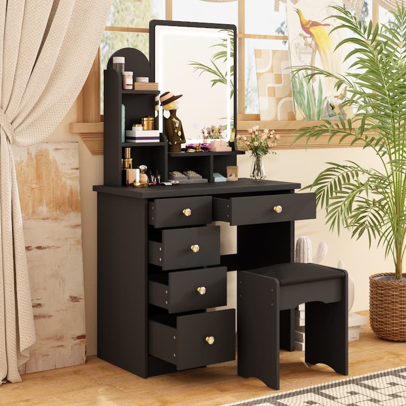 Vanity Desk with LED Lighted Mirror, Makeup Vanity Table with Drawers, Shelves and Stool