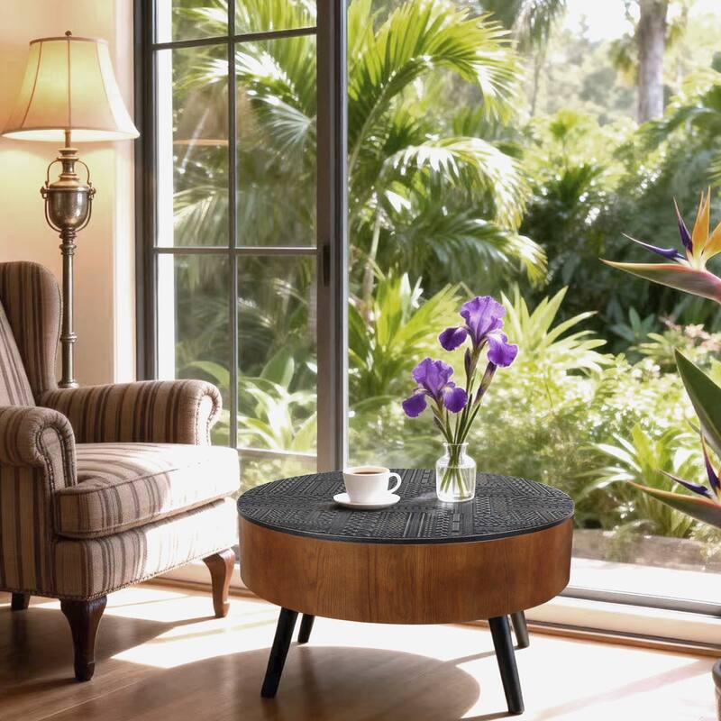 Rossetta 31.5'' American Country Style Decorative Round Coffee Table with Uniquely Carved Tabletop and Solid Wood Legs