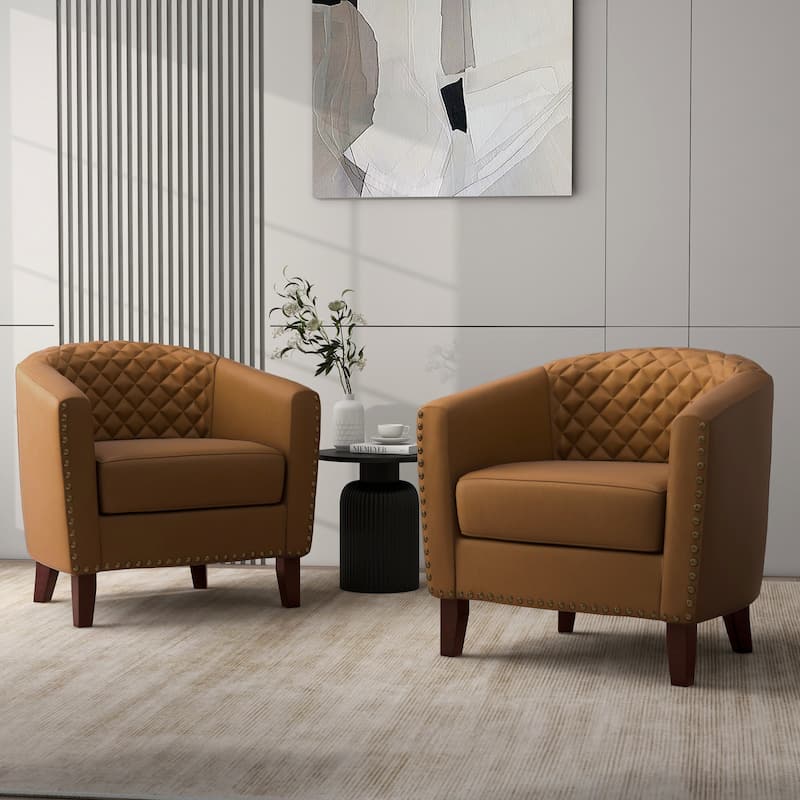 Modern Leather Nailheads Trim Barrel Accent Chairs with Wood Legs - 2 Set - Coffee