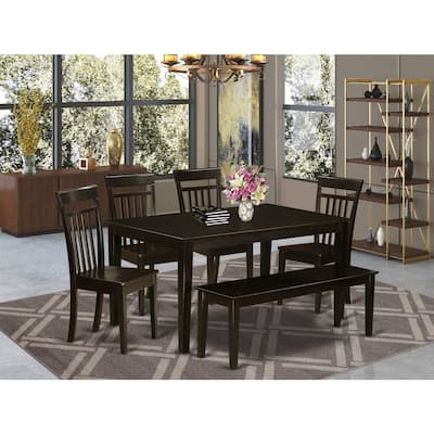 HomeStock 6-Piece Rectangle Cappuccino Finish Solid Wood Top Dining Table with 1 Bench, 4 Chairs