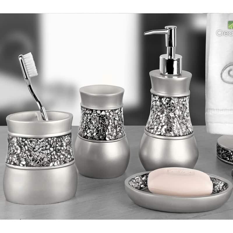 Creative Scents Crackled Glass Silver Bathroom Accessories Set of 6 - 6 Piece