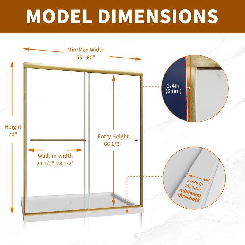 Modland 56-60"x70'' Adjustable Double Sliding Shower Door, 1/4" ANSI Glass with Nano Coating, Framed Bypass Enclosure