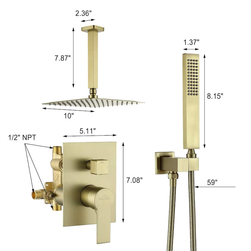 CASAINC 10 in. Ceiling Mount Shower Faucet with 360° Swivel in Brushed Gold