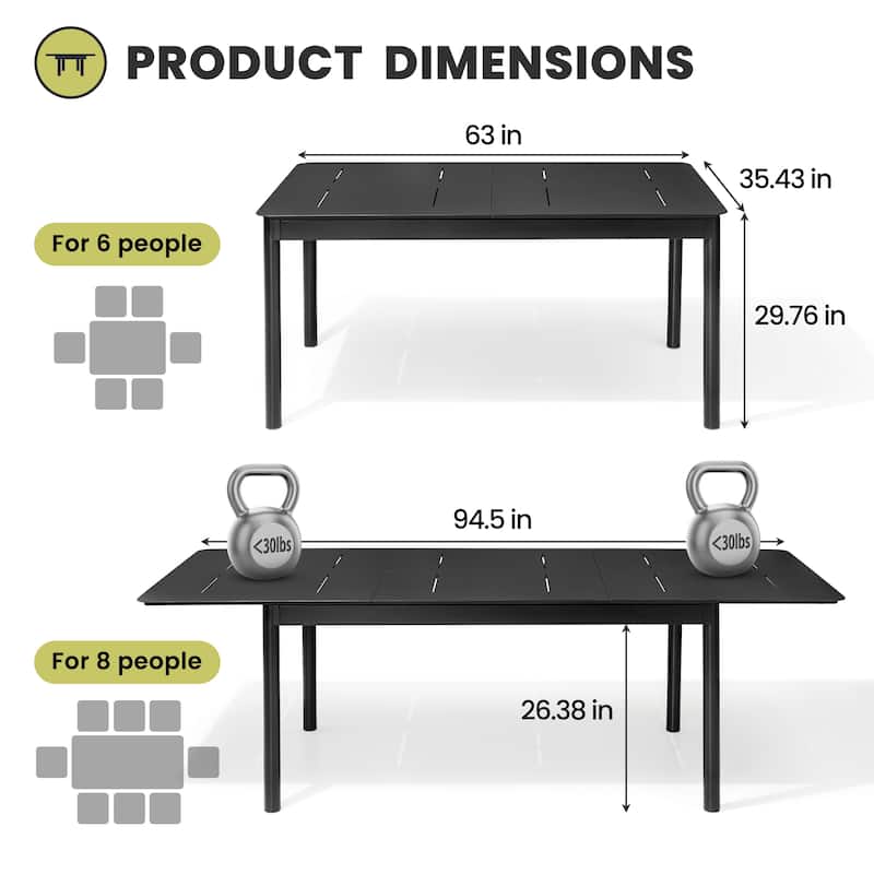 All-aluminum Outdoor Dining Table Extension for 6 or 8 Seats - 63"/94.5" L x 35.43" W x 29.76" H
