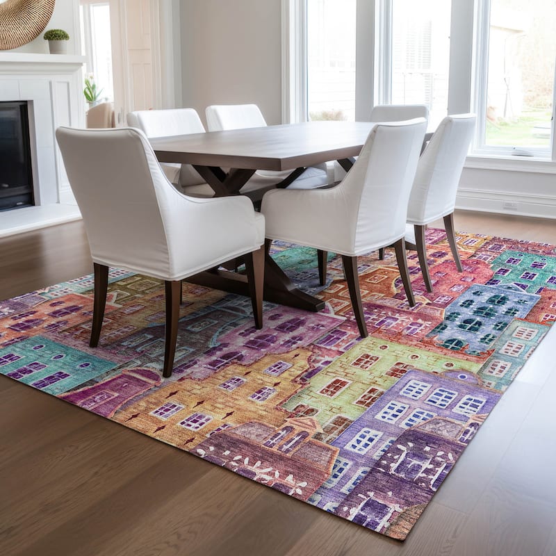 Machine Washable Indoor/ Outdoor Chantille Modern City Rug - Red - 5' x 7'6"