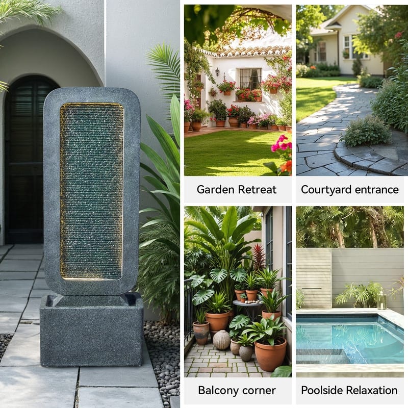Gray Polyresin Modern Style Cascade with LED Light Weather Resistant Waterfall Fountain