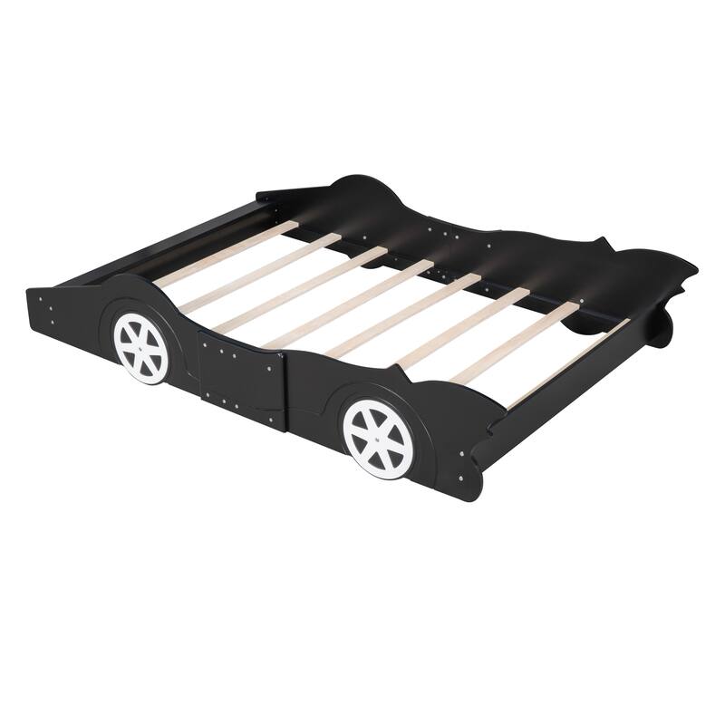Full Size Race Car-Shaped Platform Bed with Wheels Wooden Platform Bed Frame with Support Slats, Twin Floor Bed