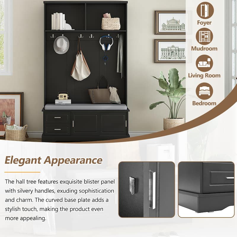 Entryway 3-in-1 Hall Tree with Storage Bench & Sliding Doors, Shoe Cabinet Coat Rack with Cushioned Seat & Anti-Tip